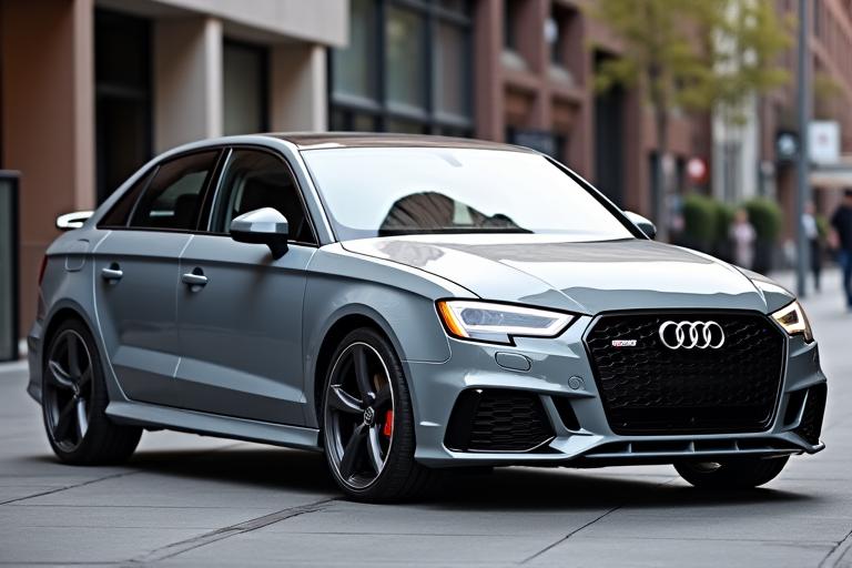 A grey Audi RS3 in an urban setting.