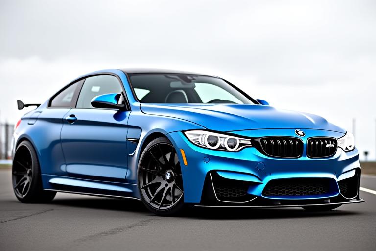 A blue BMW M4 with a widebody kit and custom wheels.