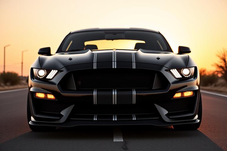 A black Ford Mustang with racing stripes.