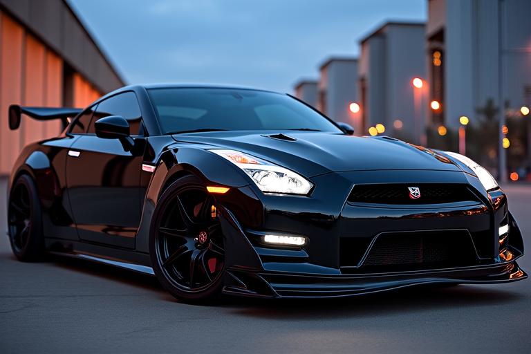 A modified black Nissan GTR with carbon fiber accents.