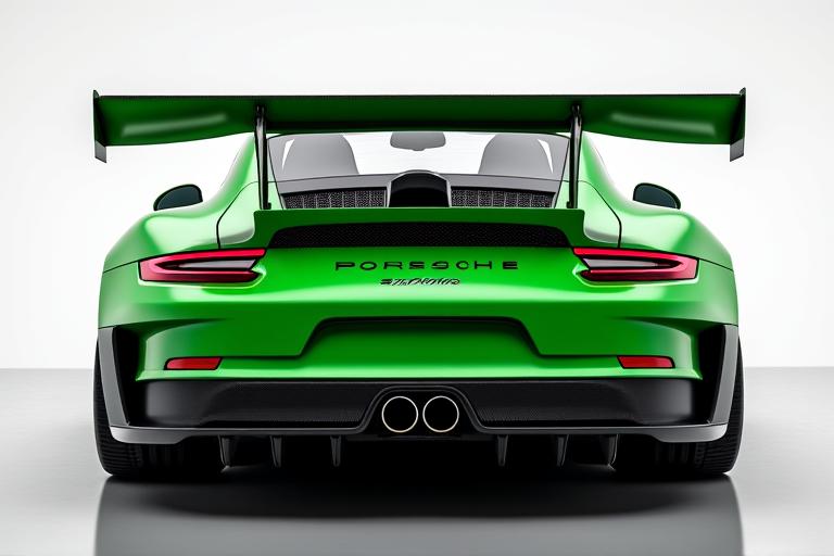 A green Porsche 911 GT3 with a racing wing.