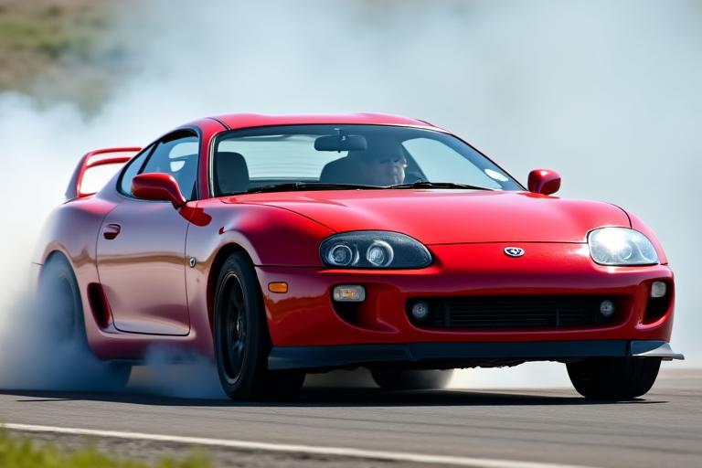 A red Toyota Supra on a racetrack.