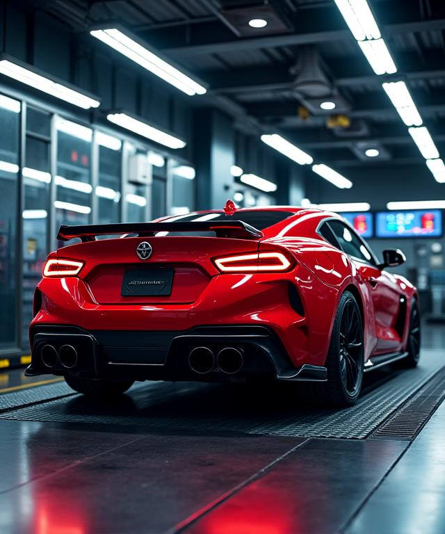 A red sports car strapped to a dynamometer inside the garage.